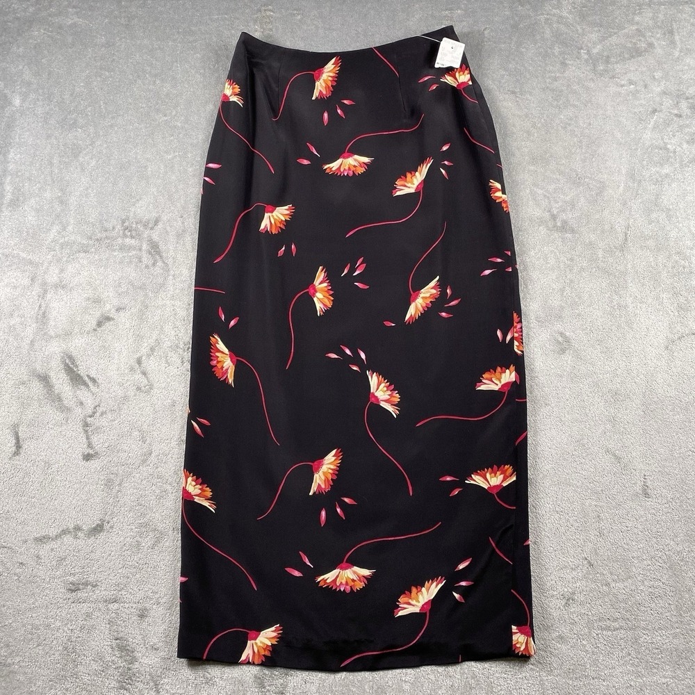 Vintage 90s Maxi‎ Skirt Womens Sz 2P Black Pink 100% Silk Floral Slit Column NWT